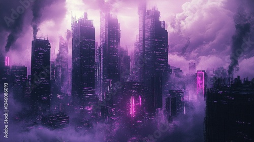 Dystopian cityscape, towering skyscrapers, dark clouds, glowing neon signs, oppressive atmosphere motif cyberpunk, architecture style brutalist, color scheme neon purples.