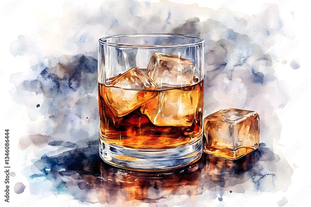 Watercolor Rendering of a Glass of Whiskey with Ice Cubes on a Tabletop Watercolor Rendering of a Glass of Whiskey with Ice Cubes on a Tabletop
