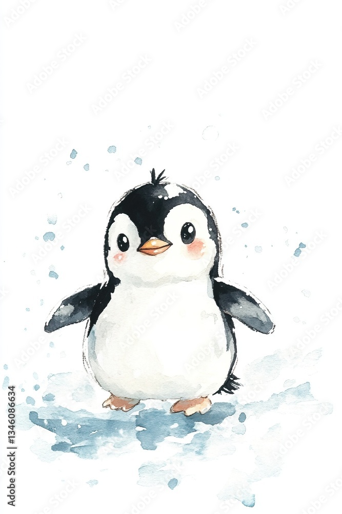 Naklejka premium Adorable watercolor penguin chick with snowy background