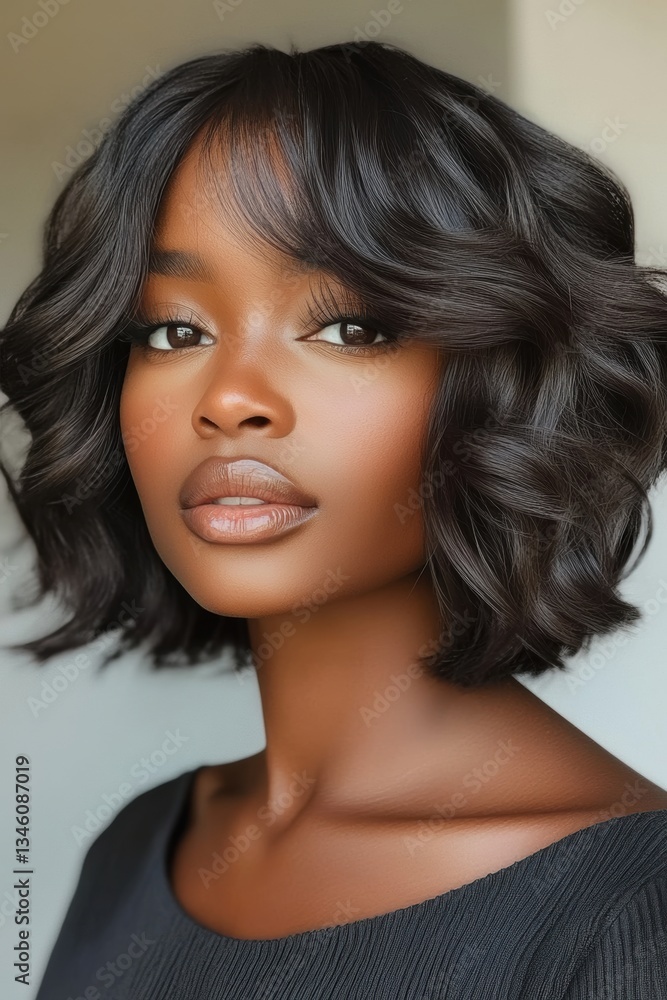 Naklejka premium Beautiful young woman with textured dark hair styled in soft waves indoors during daylight, showcasing natural beauty and elegance without any makeup