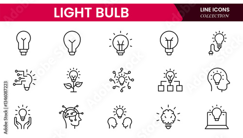 Light bulb idea line icons. Vector electric energy lamps and lightbulbs isolated outline symbols for creative solution, idea, innovation and inspiration concept.