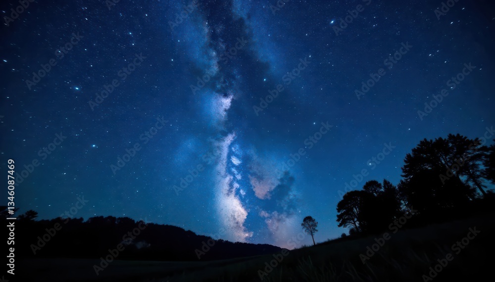 Dark blue night sky, countless stars over silhouetted trees, Milky Way visible , trees, nature Dark blue night sky, countless stars over silhouetted trees, Milky Way visible , trees, nature