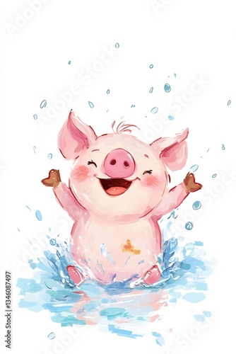 Joyful cartoon pig splashing in water with raised arms and bubbles around