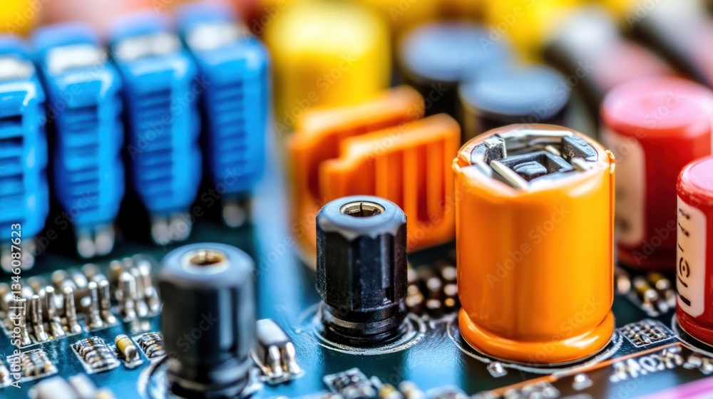 Close-up of colorful electronic components on a circuit board. Close-up of colorful electronic components on a circuit board.