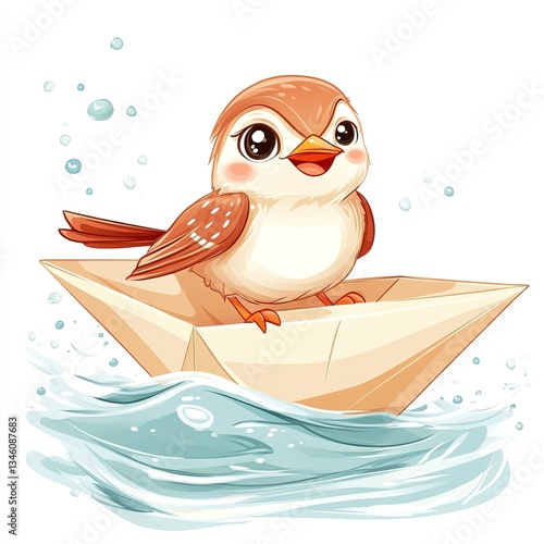 Cute cartoon sparrow on paper boat in water with bubbles