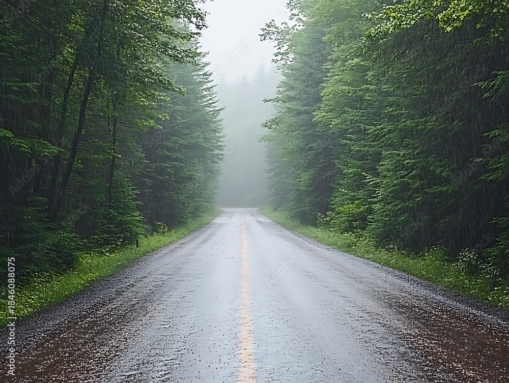 Naklejka premium Rainy Forest Road for Misty Path Ahead.