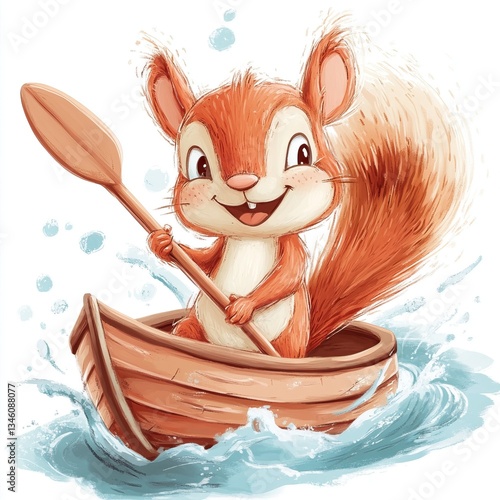 Cute cartoon squirrel paddling in wooden boat with splashes of water