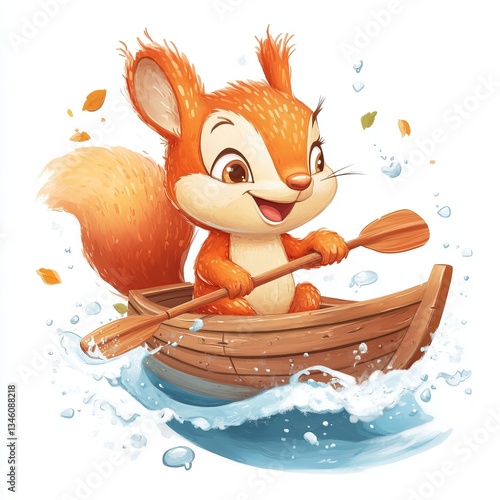 Cute cartoon squirrel paddling a boat amidst water splashes and autumn leaves