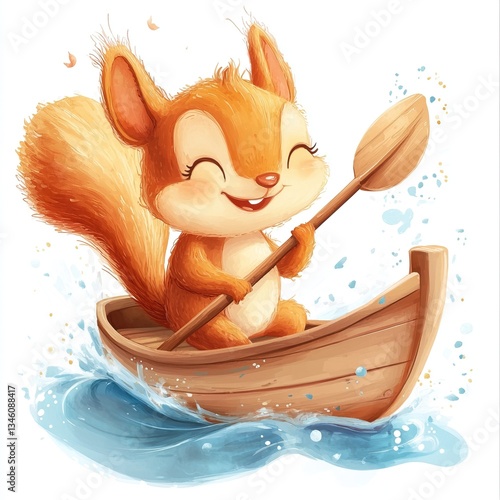 Cheerful cartoon squirrel paddling canoe on splashing water adventure