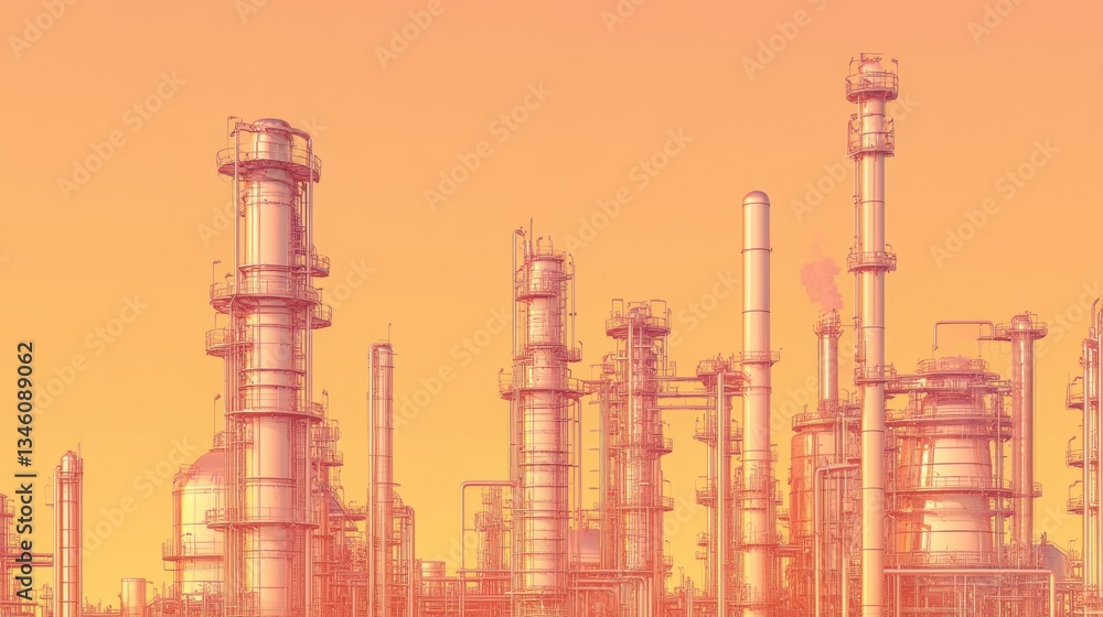 Obraz premium A futuristic high-tech chemical production industry on a muted pastel orange background
