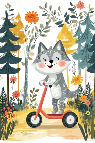 Cute cartoon wolf on scooter in vibrant forest with flowers and trees