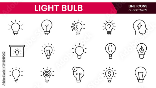 Light bulb idea line icons. Vector electric energy lamps and lightbulbs isolated outline symbols for creative solution, idea, innovation and inspiration concept.