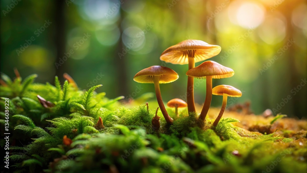 Fototapeta premium Minimalist Forest Mushroom Photography: Xerocomellus chrysenteron, Moss, Green, Nature, Fungi, Wild Mushroom
