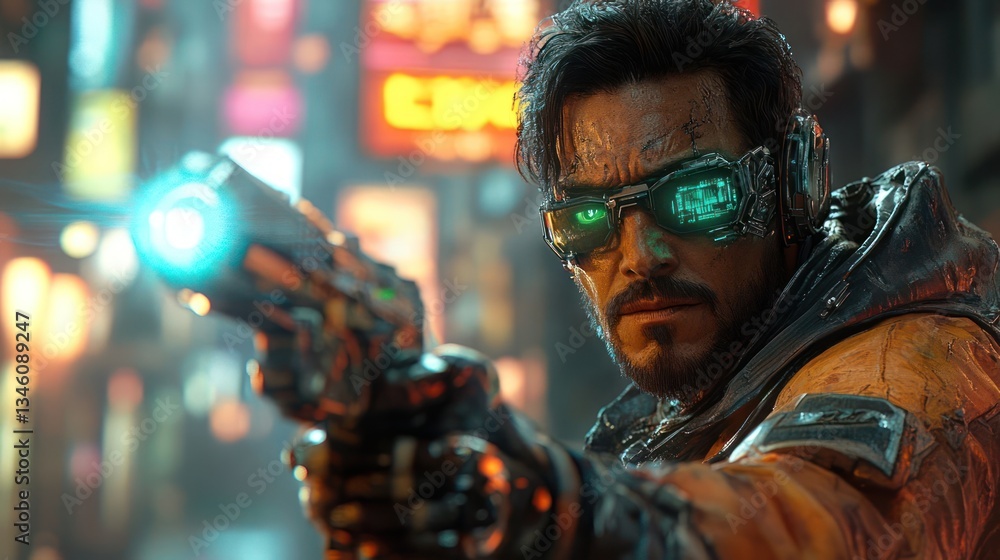 Futuristic urban scene featuring a cybernetic man aiming a glowing gun in a neon-lit alleyway Futuristic urban scene featuring a cybernetic man aiming a glowing gun in a neon-lit alleyway