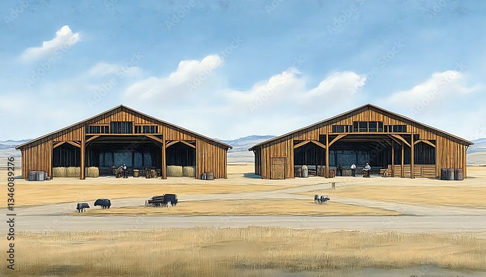 Rural Ranch Barns for Dry Landscape, Open Air. Rural Ranch Barns for Dry Landscape, Open Air.