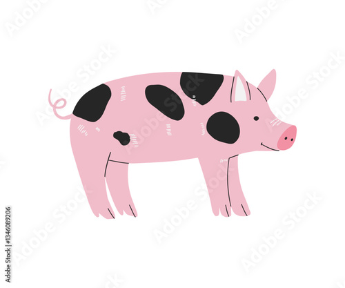 A cartoon-style illustration of a pink pig with black patches. Cute hand-drawn farm animal.