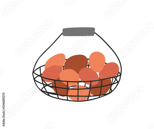 A wire basket filled with fresh brown eggs. The eggs are neatly arranged, making the image ideal for farm, agriculture, or organic food concepts.