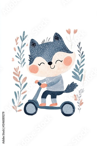 Cute cartoon wolf riding scooter surrounded by floral elements