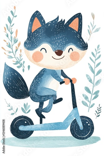 Cute cartoon fox riding scooter with leafy background illustration