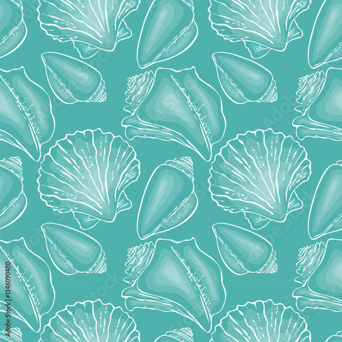 Seamless blue pattern with white outline of shells, mollusks. Marine atmosphere.