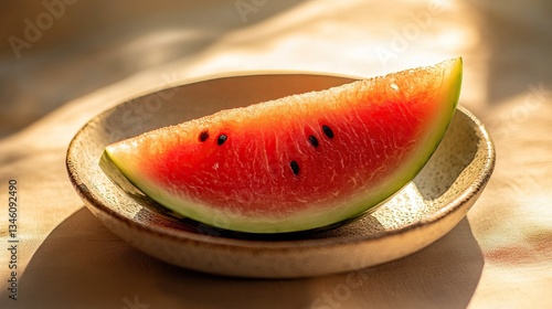 Vibrant watermelon slice on ceramic plate in sunlit setting