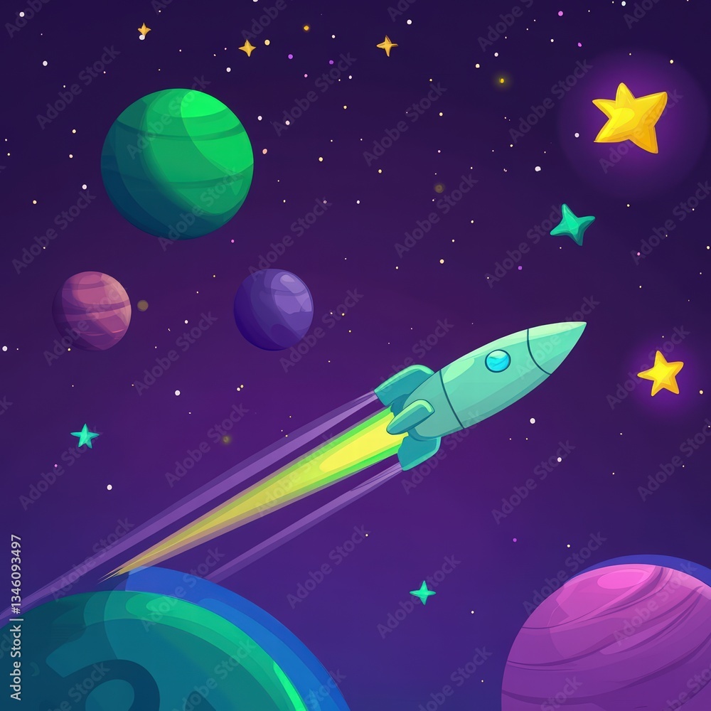rocket soaring into space: planets, stars, and comets in a purple, green, and blue gradient color scheme, minimalistic and colorful design, perfect for posters, banners. Cosmonautics Day rocket soaring into space: planets, stars, and comets in a purple, green, and blue gradient color scheme, minimalistic and colorful design, perfect for posters, banners. Cosmonautics Day