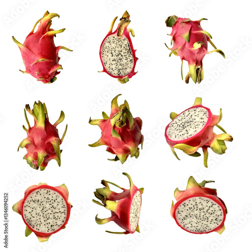 Various dragon fruit on white background