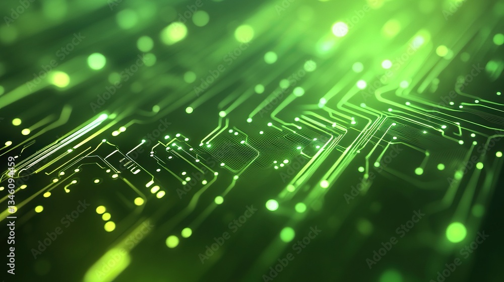 Obraz premium Green circuit board technology background with glowing connections