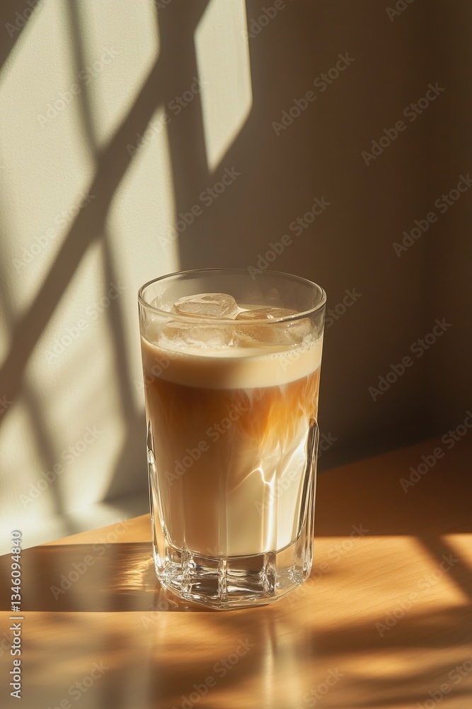 Iced latte in glass with sunlit shadows on wooden surface Iced latte in glass with sunlit shadows on wooden surface