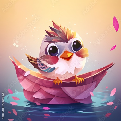 Cute cartoon bird on origami boat with petals in water