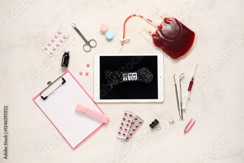 Blood donation and medical research, digital tablet with health data analysis...