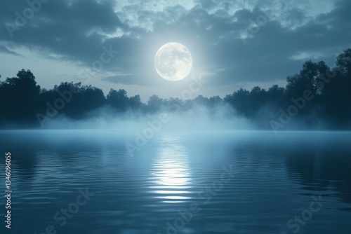 Fototapeta Naklejka Na Ścianę i Meble -  A mystical moonlit evening over a tranquil lake reflecting the serene night sky