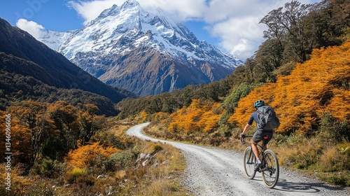 Fototapeta Naklejka Na Ścianę i Meble -  Scenic mountain biking trail through autumn foliage.  A cyclist rides a gravel road, framed by vibrant fall colors and snow-capped peaks