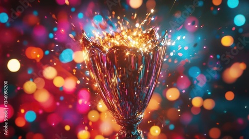 Glittering trophy surrounded by vibrant bokeh lights and sparkling effects, celebrating victory