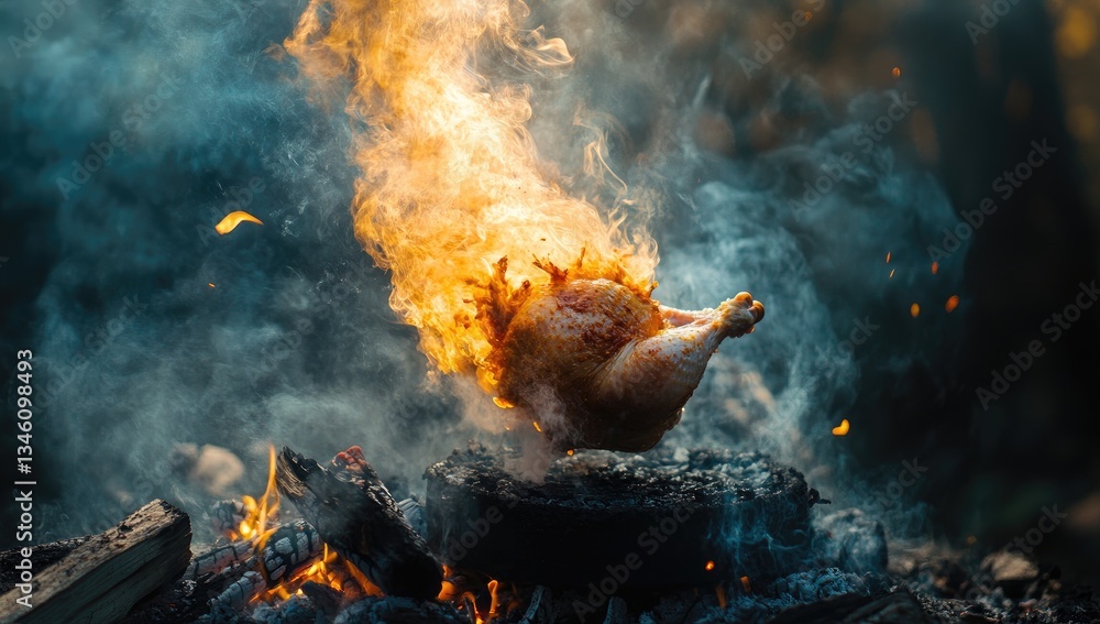 Naklejka premium Roasted chicken, flames, smoke