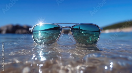 Wallpaper Mural Sunglasses submerged in shallow water, reflecting a tranquil beach scene Torontodigital.ca