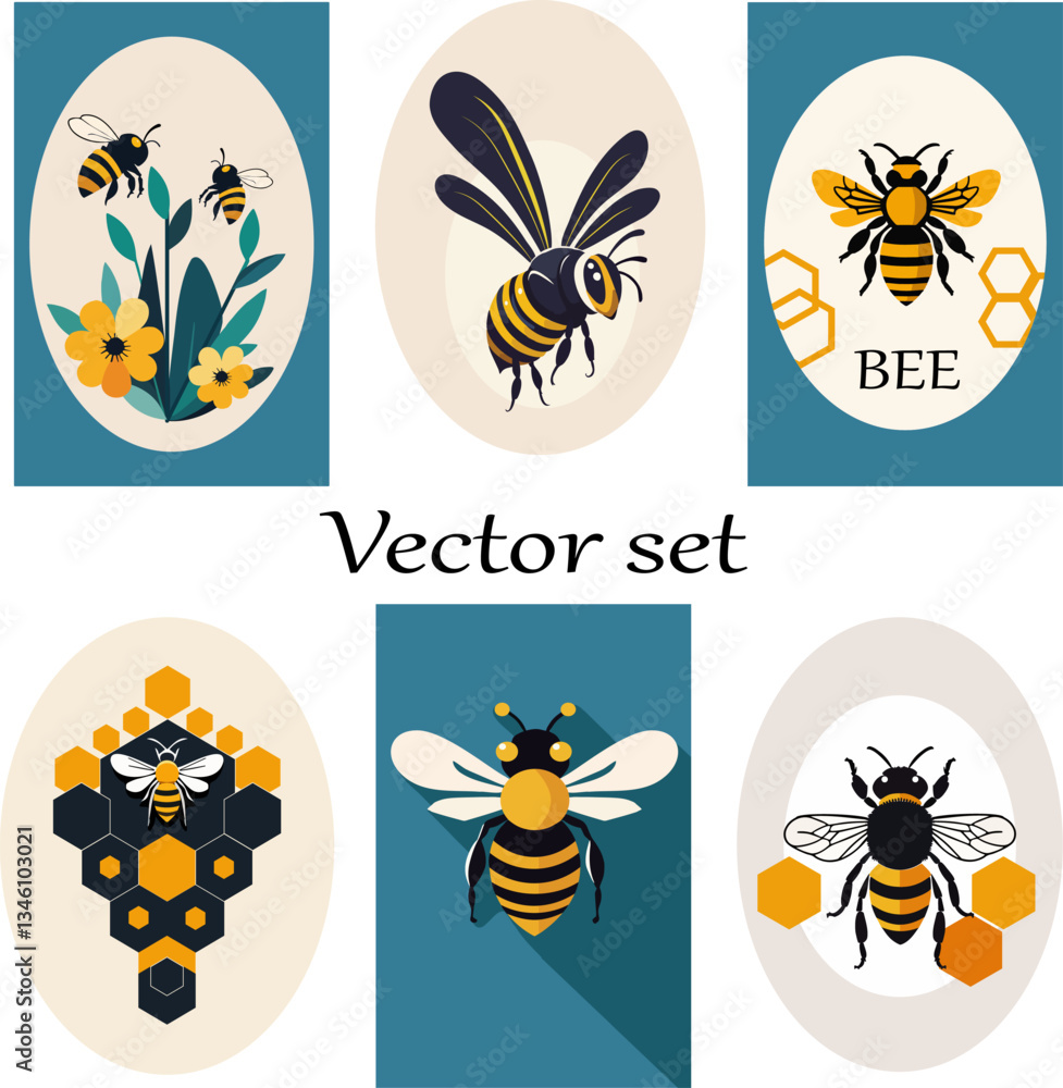 Obraz premium Bee and honeycomb in emblem.Collection of color vector illustrations with bees and honeycombs.