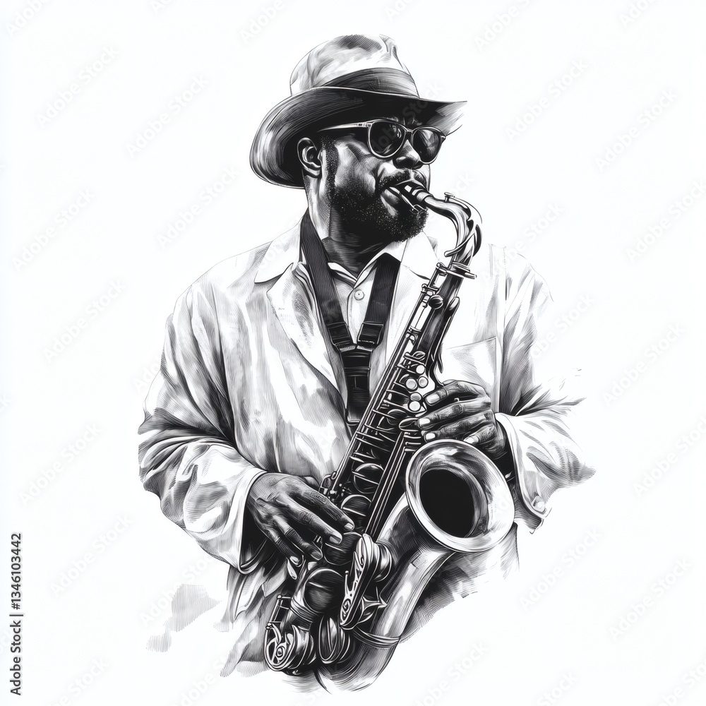 Fototapeta premium A man in a white shirt and hat playing a saxophone