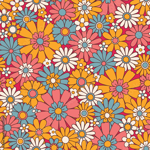 Wallpaper Mural PrintVintage floral background. Fabric and surface pattern design with simple flowers. Hippie style vector seamless pattern. Nostalgic retro 70s groovy allover print. Torontodigital.ca