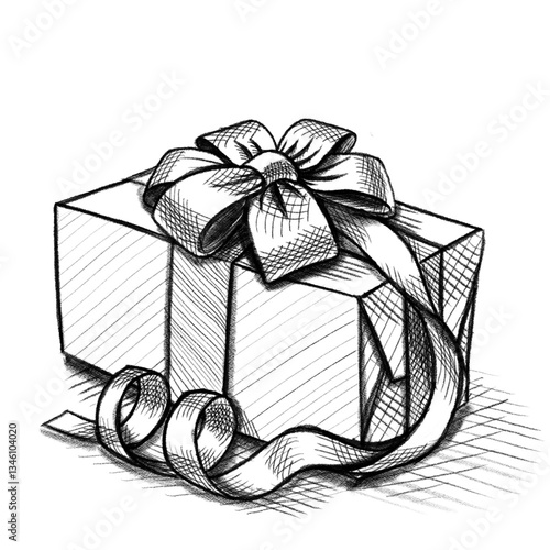 Gift box with bow for New Year, Birthday or Christmas, digital pencil drawing