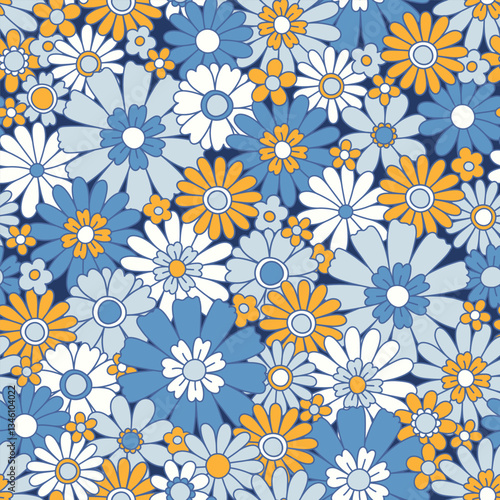 PrintVintage floral background. Fabric and surface pattern design with simple flowers. Hippie style vector seamless pattern. Nostalgic retro 70s groovy allover print.