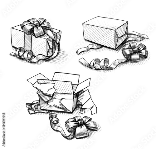 Unpacking  of gift box with bow for New Year, Birthday or Christmas, digital pencil drawing
