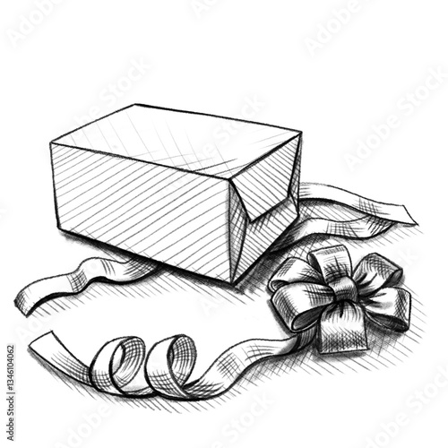 Gift box with bow for New Year, Birthday or Christmas, digital pencil drawing, with the tape removed, the unpacking begins