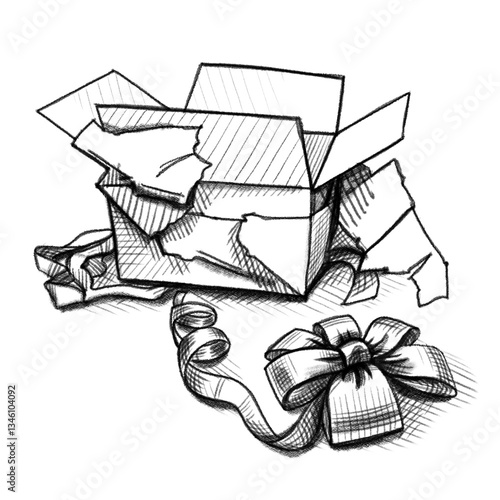 Unpacking  of gift box with bow for New Year, Birthday or Christmas, digital pencil drawing