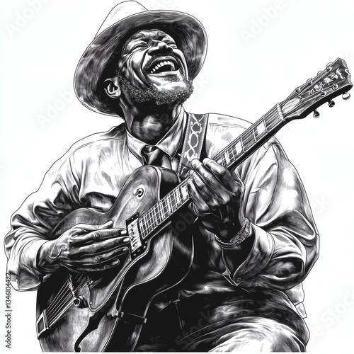 A man is playing a guitar and smiling photo