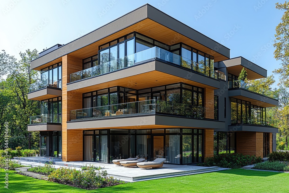 Fototapeta premium Modern three story house with multiple glass walls and balconies shown