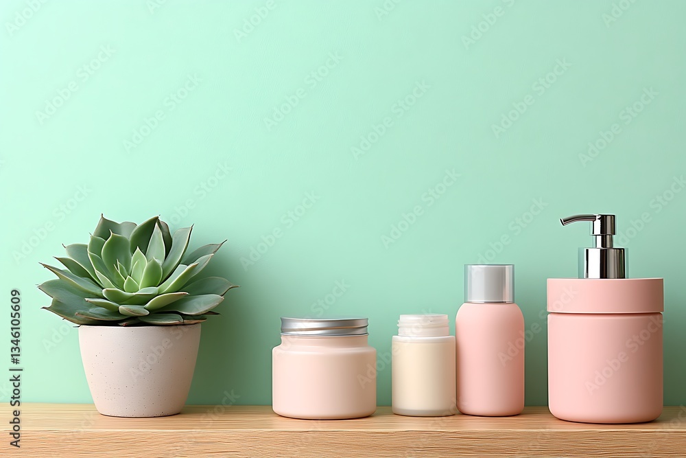 Pastel Skincare Products & Succulent on Shelf. Pastel Skincare Products & Succulent on Shelf.