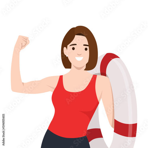 Lifeguard in a red swimsuit flexes her arm while holding a lifebuoy, ready to ensure safety. Flat vector illustration isolated on white background