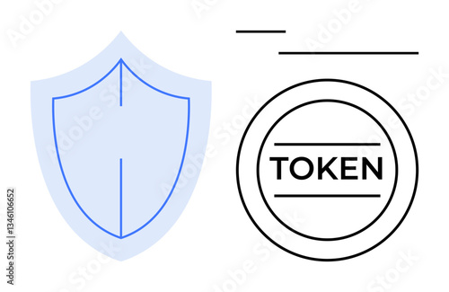 Minimalist shield symbol next to token icon with lines representing cybersecurity, encryption, blockchain. Ideal for data protection, access control, online payment, authentication, trust, fintech