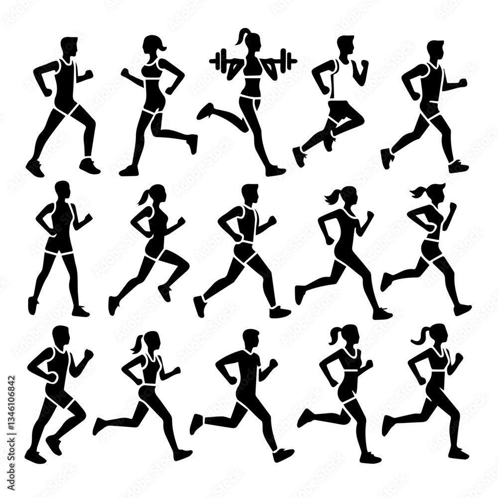 A set of vector icon symbols featuring sports people, including joggers and athletes in motion. The icons are designed in a minimalistic and modern A set of vector icon symbols featuring sports people, including joggers and athletes in motion. The icons are designed in a minimalistic and modern